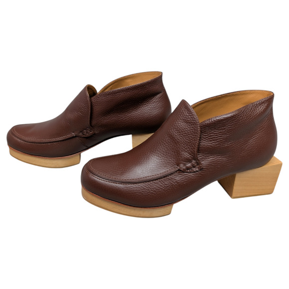 Beklina Matisse Wooden Platform Pebbled Leather Bootie Castagna Brown 11 NEW - Picture 6 of 12